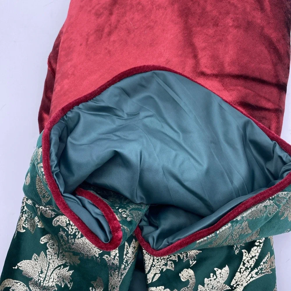 At Home Christmas Tree Skirt 48 inch Red Plush Green Gold Trim Scalloped Classic